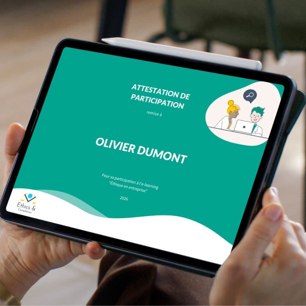 Attestation nominative de participation à une formation e-learning d’éthique en entreprise