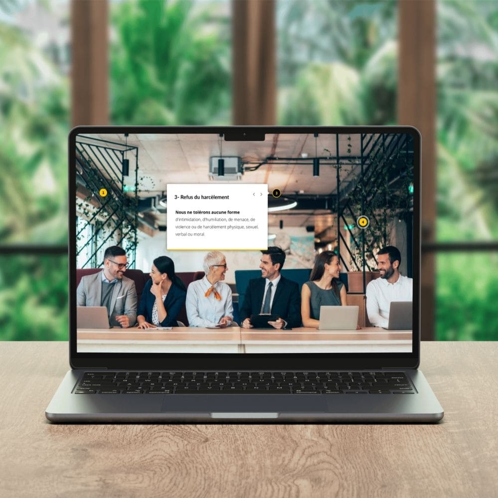 E-learning personnalisé à partir de la Charte éthique du client, avec intégration de ses engagements relatifs au refus du harcèlement